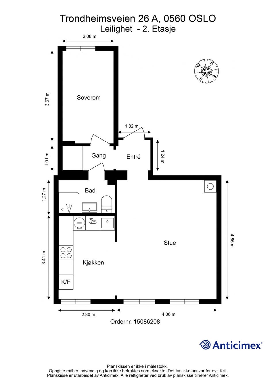 Plantegning. I tillegg disponerer leiligheten en kjellerbod og en loftbod.