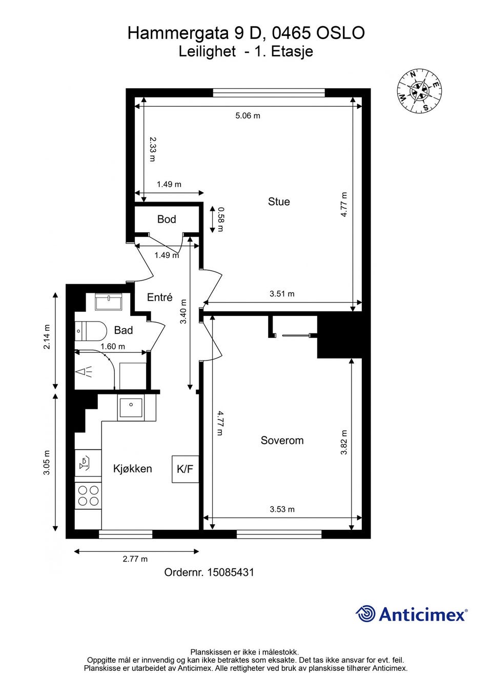 Plantegning i høy 1. etasje. I tillegg disponerer leiligheten to boder, en kjellerbod på ca. 3m² og en loftsbod på ca. 7m² i gulvareal.
