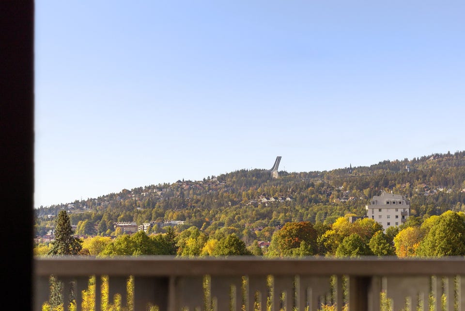 Det er også utsikt opp mot Holmenkollen. De frodige tretoppene gir en levende utsikt som forandrer seg i takt med årstidene.