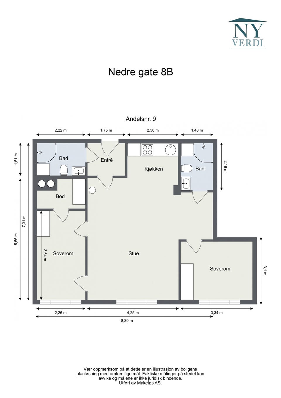 Plantegning. Som beboer har du også tilgang til stort felles sykkelrom i underetasjen, samt felles takterrasse i 3. etasje. Heis i bygget.