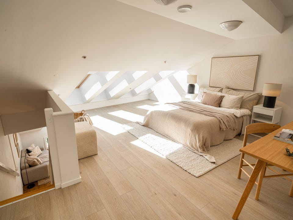I loftsetasjen er det et stort og hyggelig soverom med gulvareal på 25,5m².