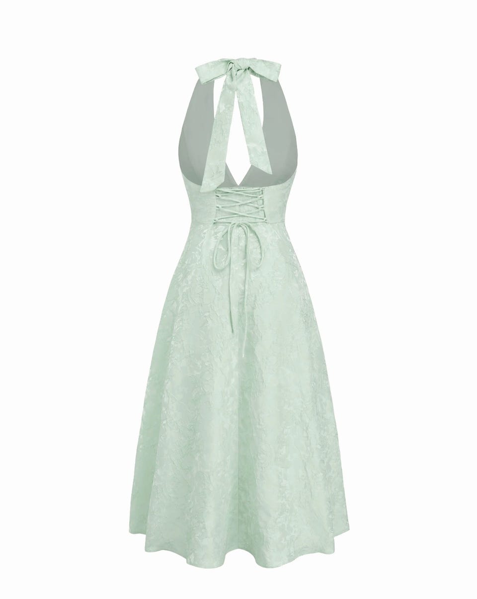 jacquard halter neckline floral lace up maxi dress Uliana White Floral Lace Halterneck Maxi Dress - White main image 1
