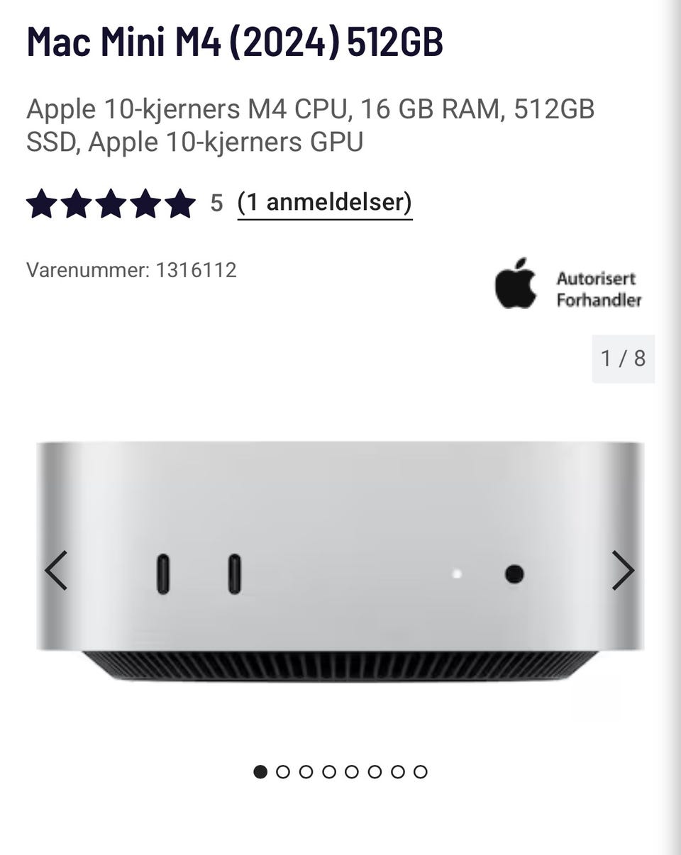 Strøken Mac Mini M4 CPU 512 GB SSD 16 GB RAM 2024 med Satechi