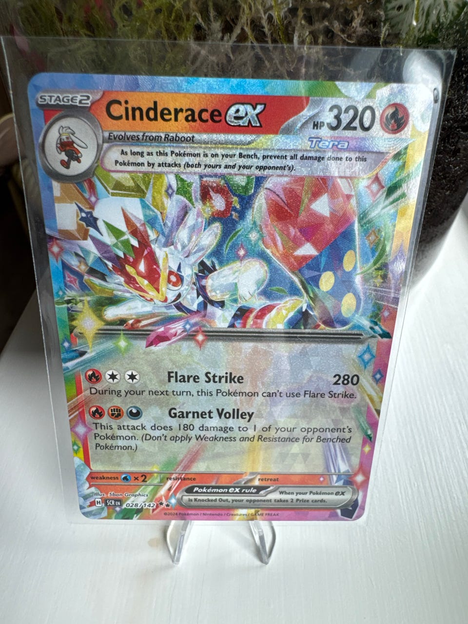 028 142 pokemon card Cinderace ex (Pyrobut ex) 028/142 Teracristal - Ultraboost X Scarlatto e Violetto 7 Corona Astrale Darkness Garnet Volley This attack does 180 damage to 1 of your opponents Pokmon Cinderace ex 028/142 - Stellar