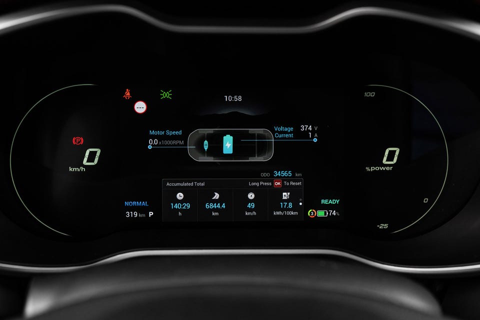 Digitalt instrumentpanel med elbil-visning og batteristatus