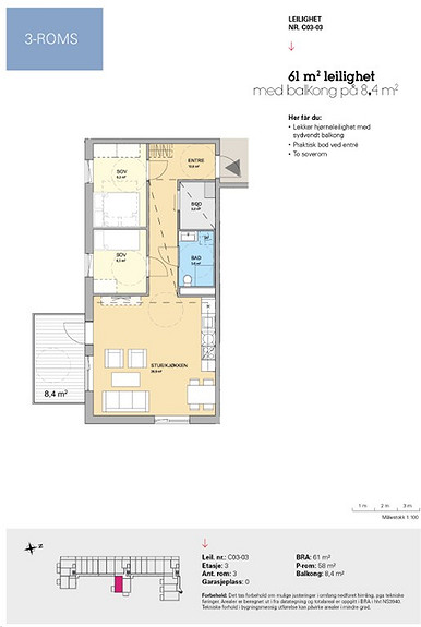 Plantegning som viser leilighet C 03-03