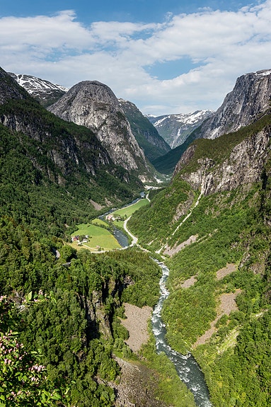 Nærøydalen - en av mange lakseelver i Sognefjorden som er sterkt påvirket av at lakseungene dør av lakselusangrep når de kommer ut i sjøen - foto: Hans Kristian Krogh-Hanssen