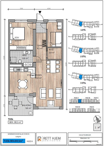 Plantegning som viser leilighet T.03B 1. ETG. HUS A