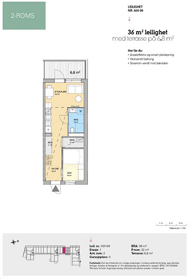 Plantegning som viser leilighet A 01-09