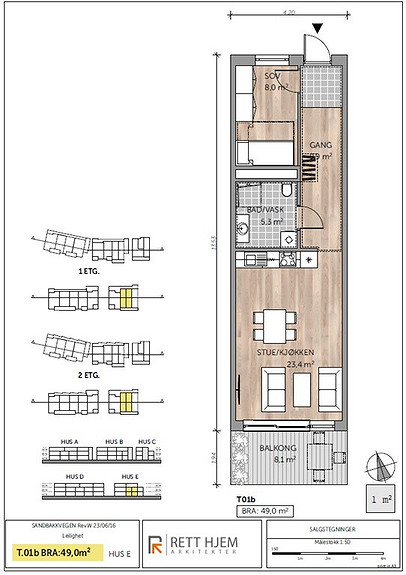 Plantegning som viser leilighet T.01B 2. ETG. HUS E HØYRE