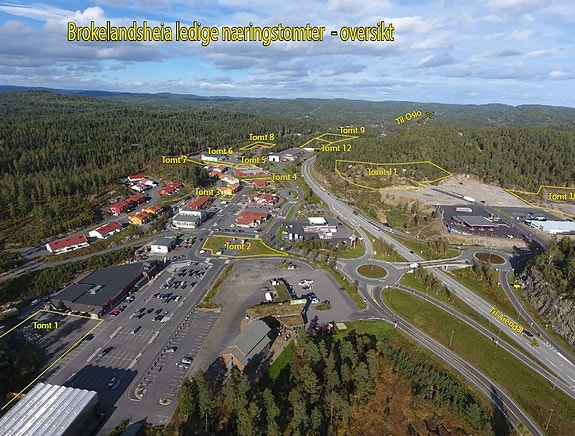 Oversikt over ledige næringstomter på Brokelandsheia.