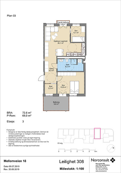 Plantegning som viser leilighet B308