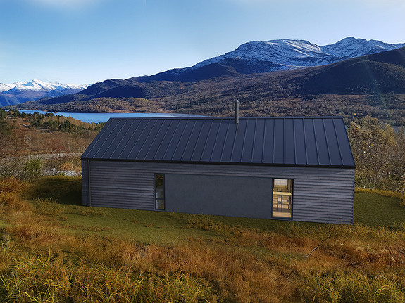 Illustrasjon av Koia Moderne fra Norgeshus på tomt 12, med utsikt ned til Nysætervatnet.