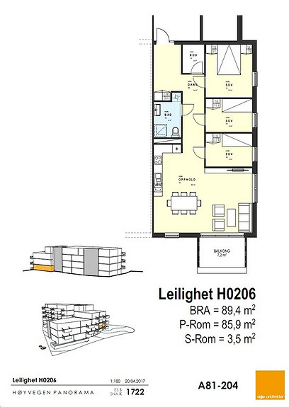 Plantegning som viser leilighet 0206 - 2. ETG. *