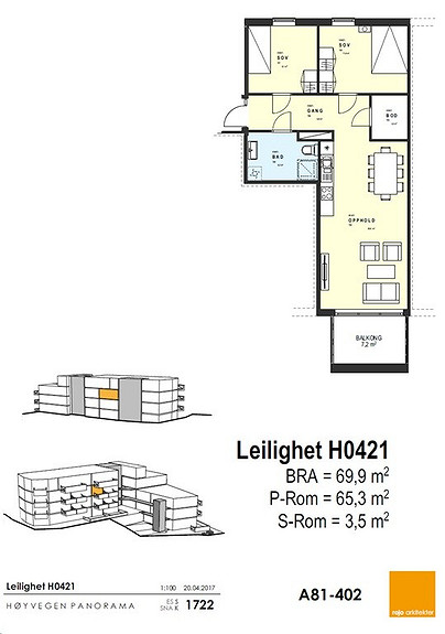 Plantegning som viser leilighet 0421 - 4. ETG. *