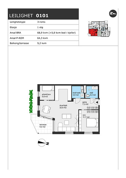 Plantegning som viser leilighet H0101