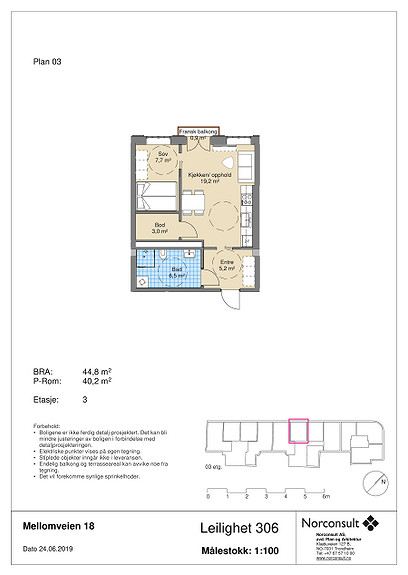Plantegning som viser leilighet B306