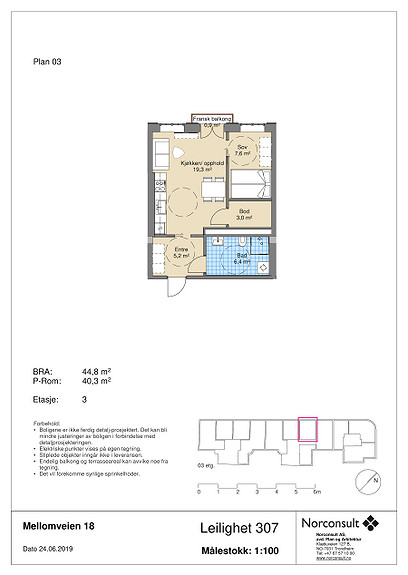Plantegning som viser leilighet B307