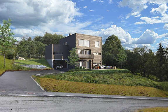 Husmodell type Hillevåg illustrert på tomten slik den er i virkeligheten
