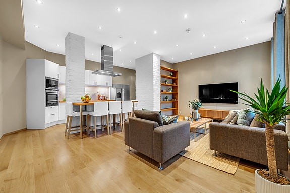 Sjarmerende stue med kjøkken og barløsning. Plassbygget bokhylle.