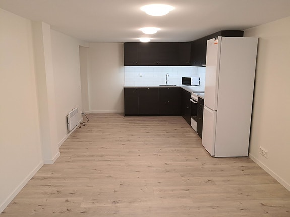 Stort og åpent konsept stue og kjøkken med naturlig lys Stue 13,5m2, Spisestue 9,2m2, og Kjøkken 5,1m2