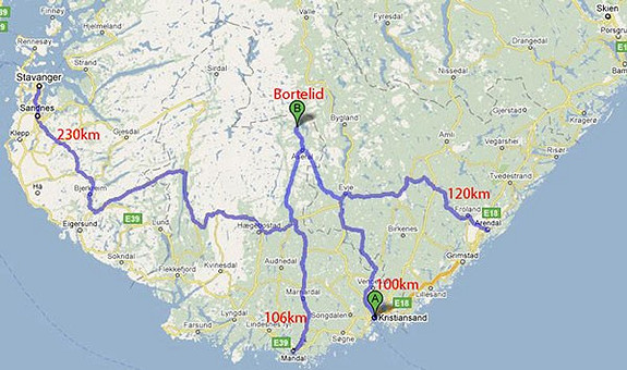 Avstander fra de større byene.