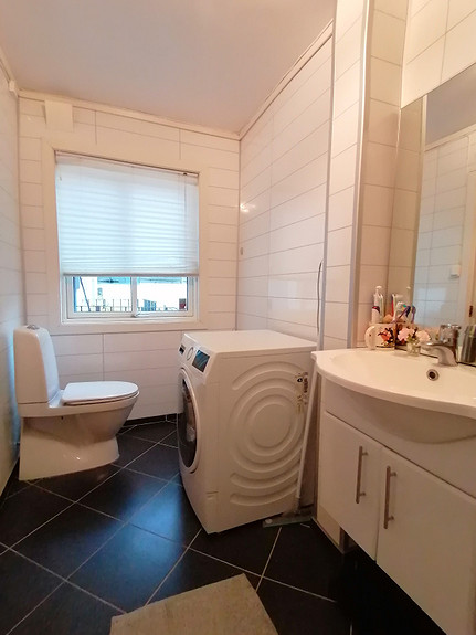 Badet er utstyrt med toalett, servantinnredning, dusjkabinett og opplegg for vaskemaskin