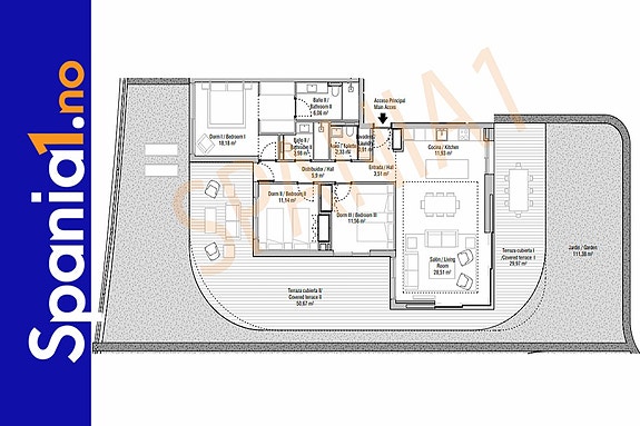 Plantegning for leilighet på bakkeplan med 3 soverom.