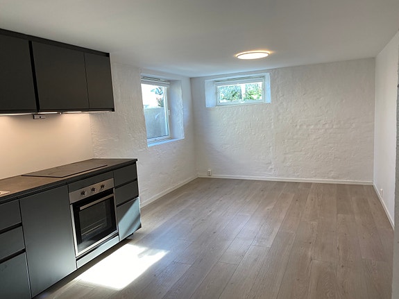 Lys og romslig stue/kjøkken med mye skapplass