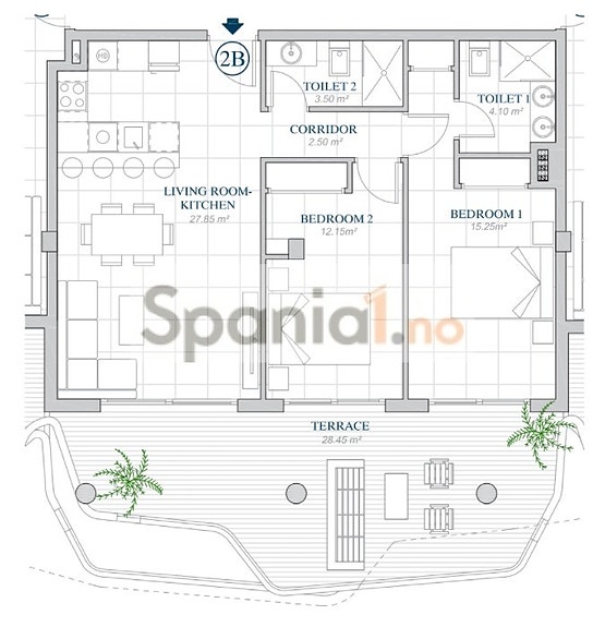 Terrasse på 28m2 syd-vestvendt med havutsikt