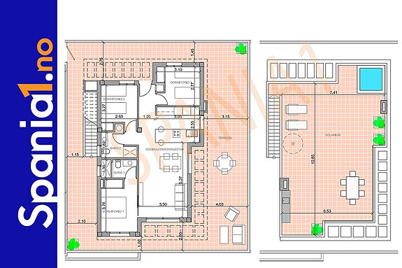 Plantegning - Penthouse med 3 soverom og 2 bad. 
Stor takterrasse.