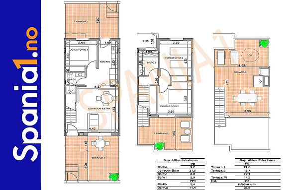 Plantegning - Rekkehus med 3 soverom og 2 bad. 
Takterrasse på 35 m2.