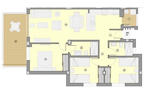 Plantegning leilighet med 3 soverom og 2 bad