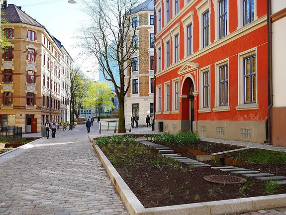 Bystyret  i Oslo har vedtatt ambisiøse klimamål, som gir en historisk mulighet til å oppgradere byen ved å redusere utslippene og tilpasse oss til klimaendringene
Klimatilpasning - regnbed. Foto: Tone Spieler