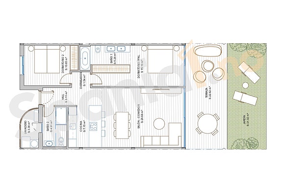 Plantegning leilighet på bakkeplan med 2 soverom