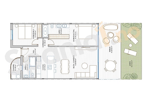Plantegning leilighet på bakkeplan med 2 soverom