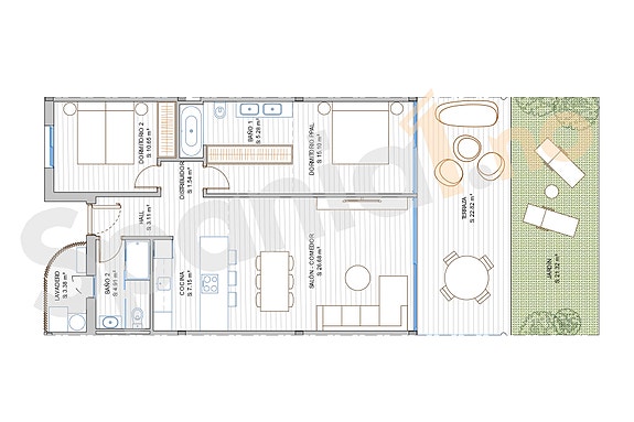 Plantegning leilighet på bakkeplan med 2 soverom