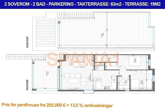 Plantegning for leilighet med takterrasse