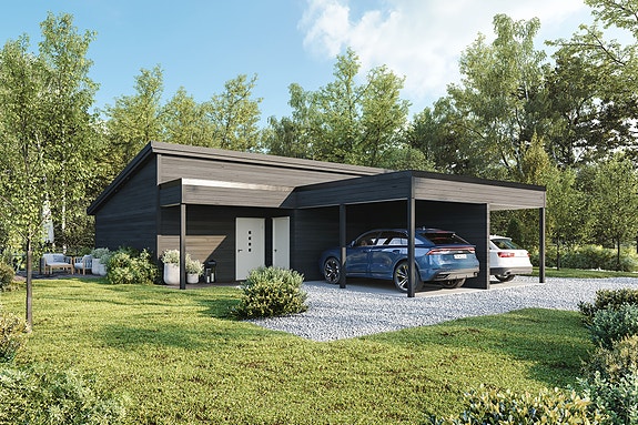 Boligen har en praktisk carport med sportsbod i direkte tilknytning. Her kan du gå tørrskodd fra bilen og inn i boligen din. Bildet er et illustrasjonsfoto og kan avvike fra endelig leveranse.