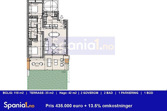 Plantegning av leilighet på bakkeplan med 2 soverom i samme prosjekt