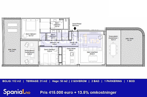 Planløsning for leilighet på bakkeplan med 2 soverom