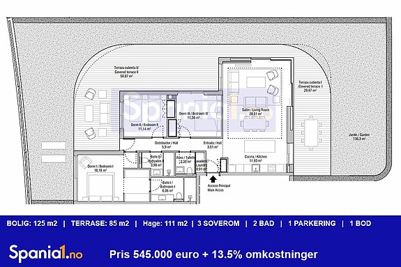 Plantegning for leilighet på bakkeplan med 3 soverom i samme prosjekt
