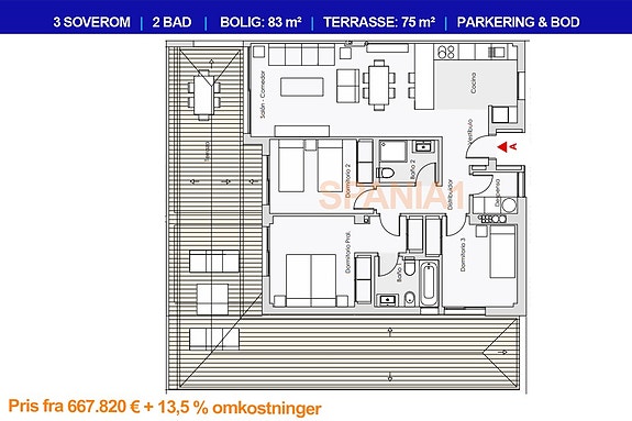 Toppleilighet med 3 soverom