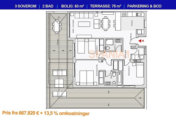 Toppleilighet med 3 soverom