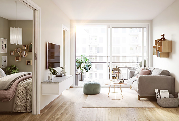 Stue m utgang til balkong (illustrationsbilde fra utbyggers prospekt)