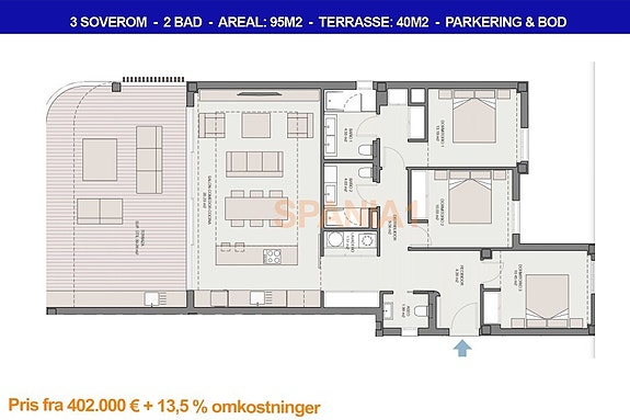 Plantegning for denne leiligheten med 3 soverom