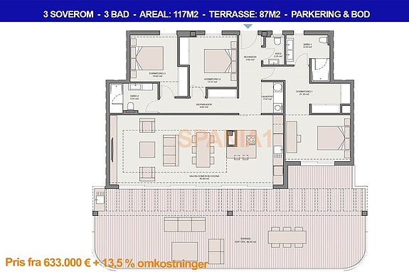 Plantegning penthouse med 3 soverom i samme prosjekt