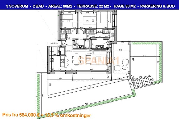 Plantegning for denne eilighet på bakkeplan med 3 soverom