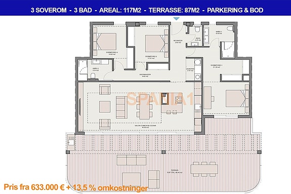 Plantegning penthouse med 3 soverom i samme prosjekt