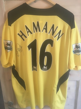 Liverpool - Dietmar Hamann kampbrukt og signert 2004/06 fotballdrakt